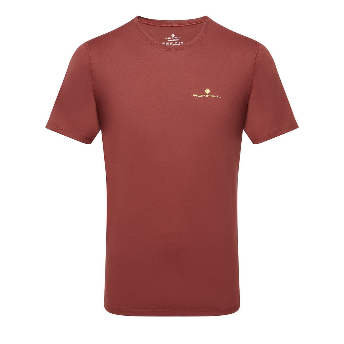 Chestnut short sleeve tee for men by Ronhill, featuring a round neckline, lightweight fabric, and a subtle acid yellow logo on the chest. Size L.