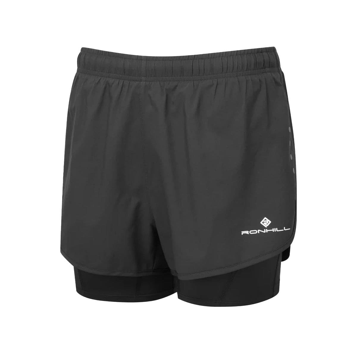 All-black Ronhill Core Twin Running Shorts for women in size XS, featuring a lightweight material, elastic waistband, and inner lining for comfort during workouts.
