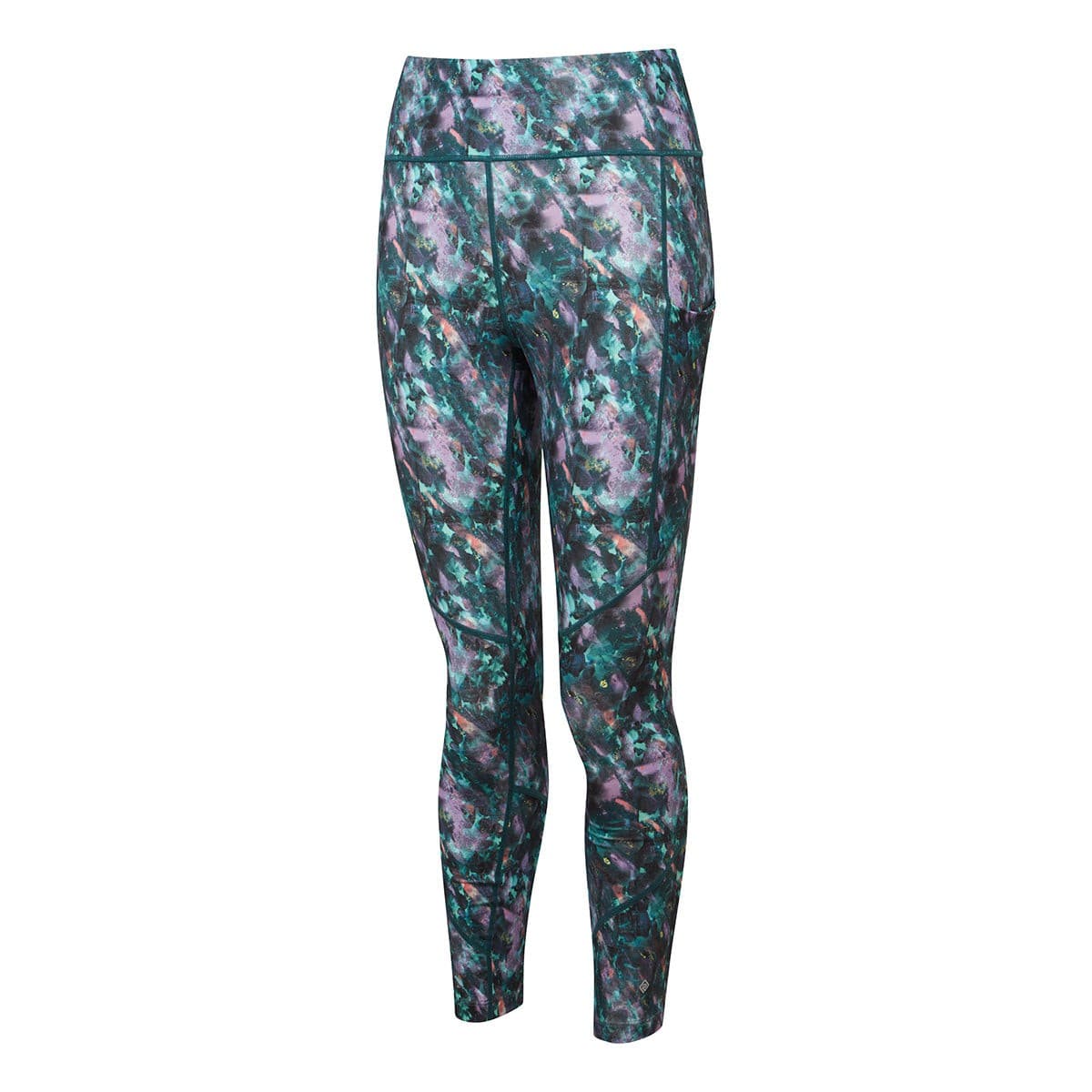 Multi-colored women's crop tights featuring a floral pattern in shades of green, purple, and blue, made from a stretchy, breathable material with a fitted design.