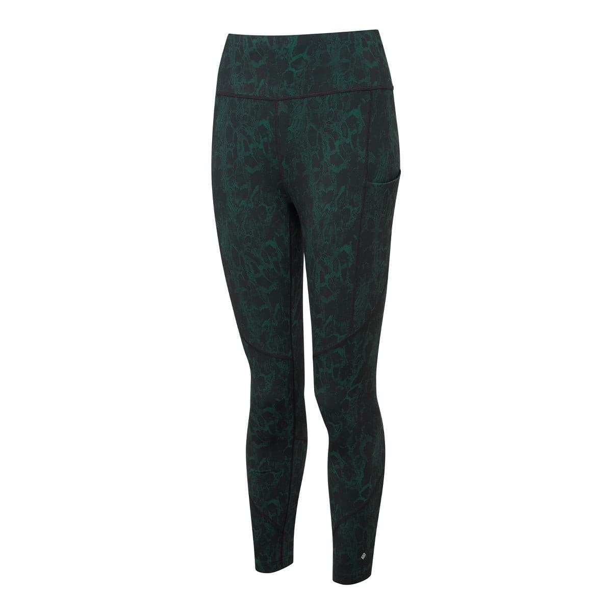 Green Ronhill Tech Crop Tight for women in Seaweed Medusa pattern, featuring a high waistband, stretchy material, and a side pocket, size L.