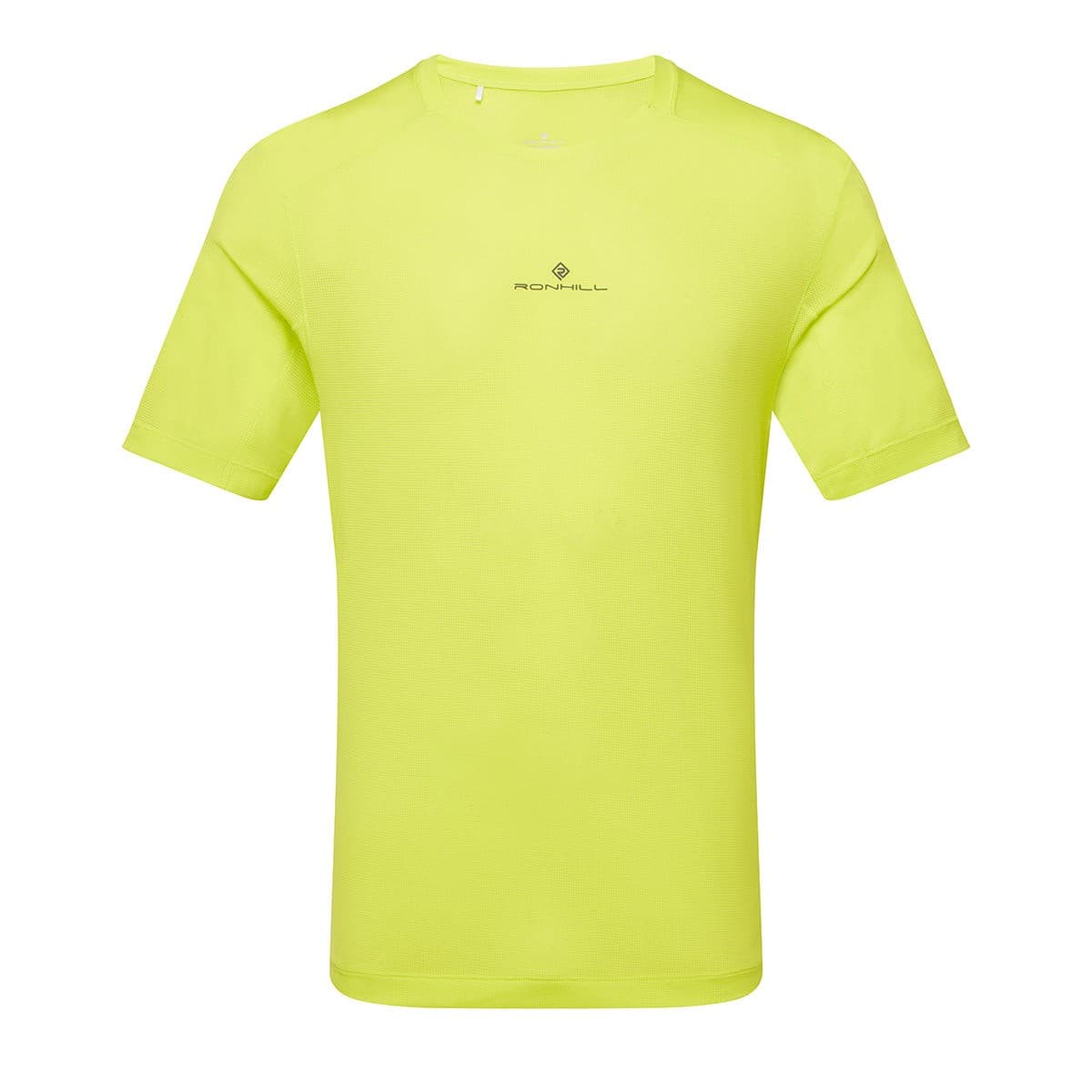 Bright acid yellow short sleeve tee for men by Ronhill, featuring a lightweight material and a subtle logo on the chest, perfect for activewear and outdoor activities.