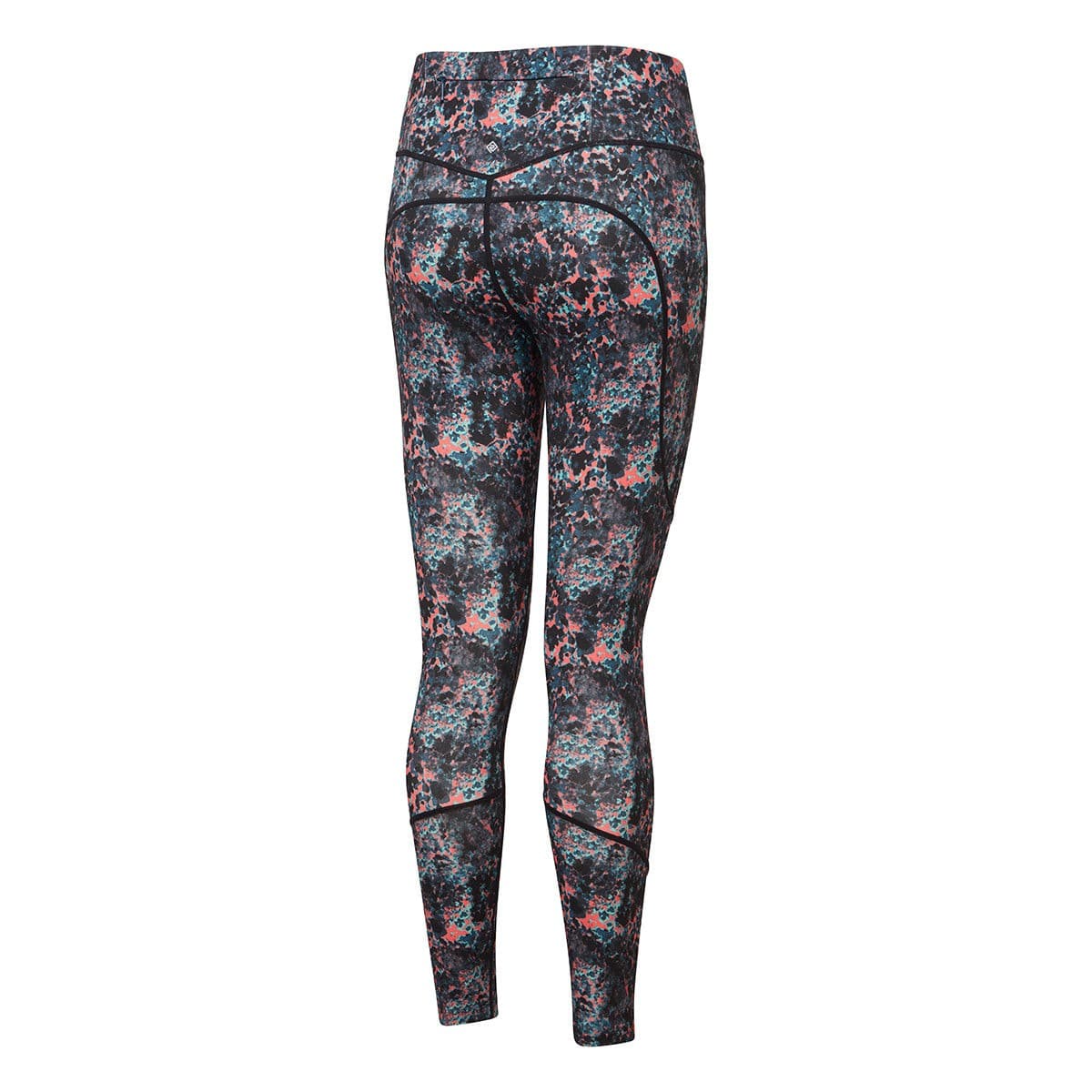 Women's Ronhill Tech Tight in Coralescent, featuring a multi-colored abstract pattern with a blend of blues, pinks, and blacks, made from stretchy, breathable material.