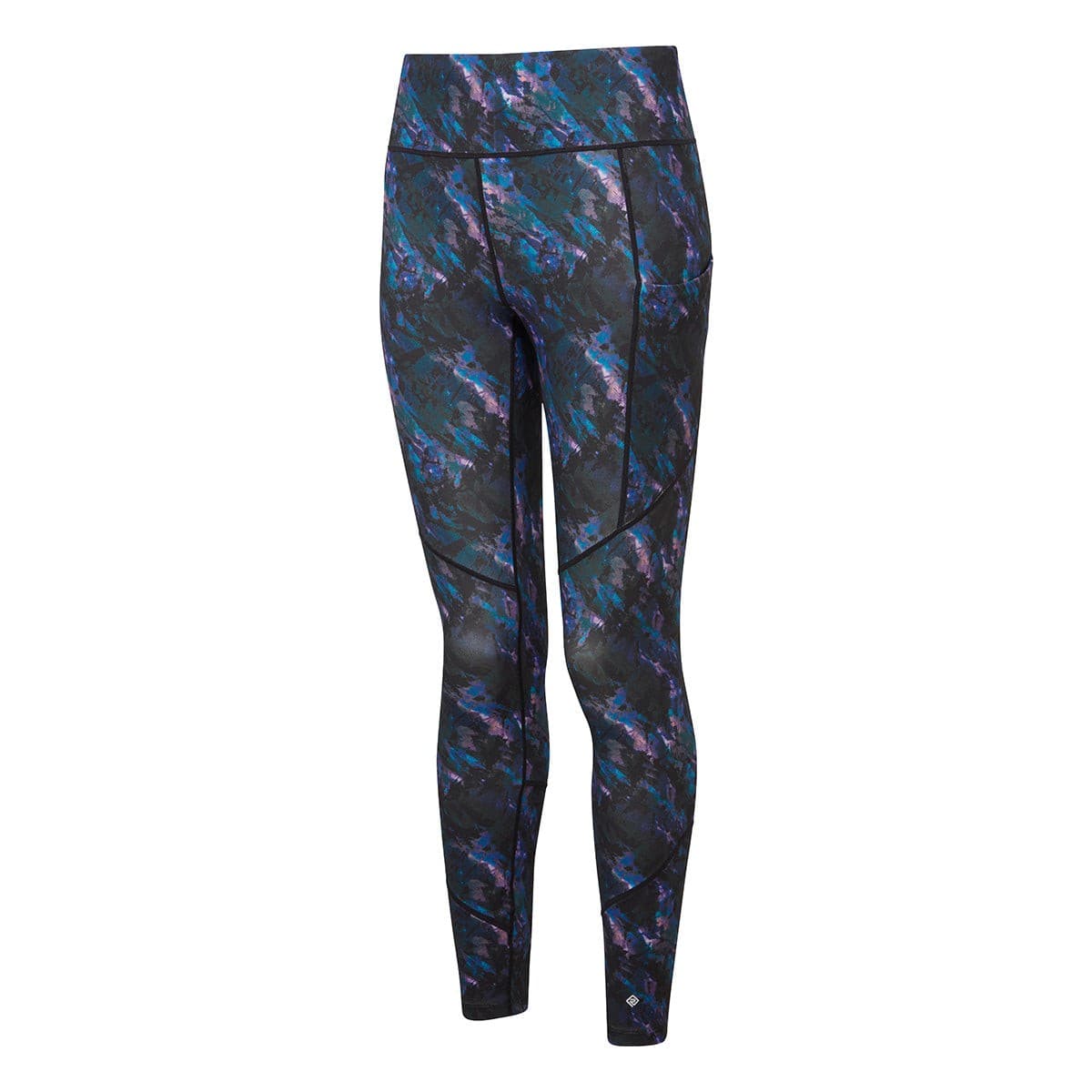 Ronhill Tech Tight in Cosmic Multi features a vibrant abstract pattern in shades of blue, purple, and black, made from stretchy, moisture-wicking material, designed for women's activewear.