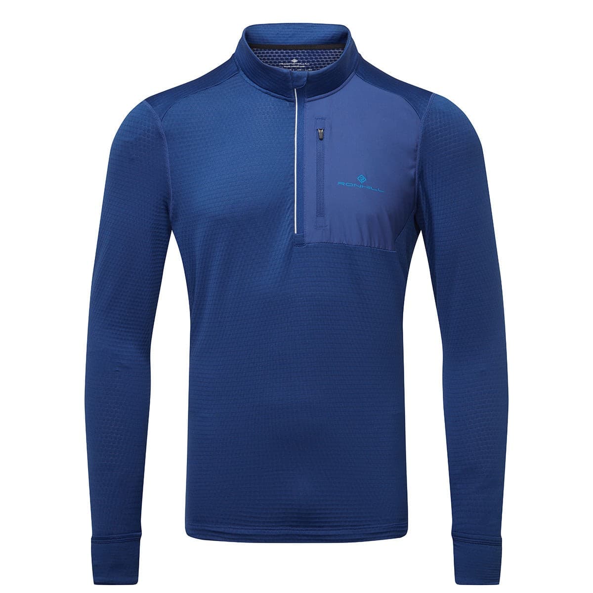 Men's Ronhill Tech Winter 1/2 Zip in Ocean and Electric Blue, featuring a zippered collar, long sleeves, textured fabric, and a chest pocket. Size: Small.
