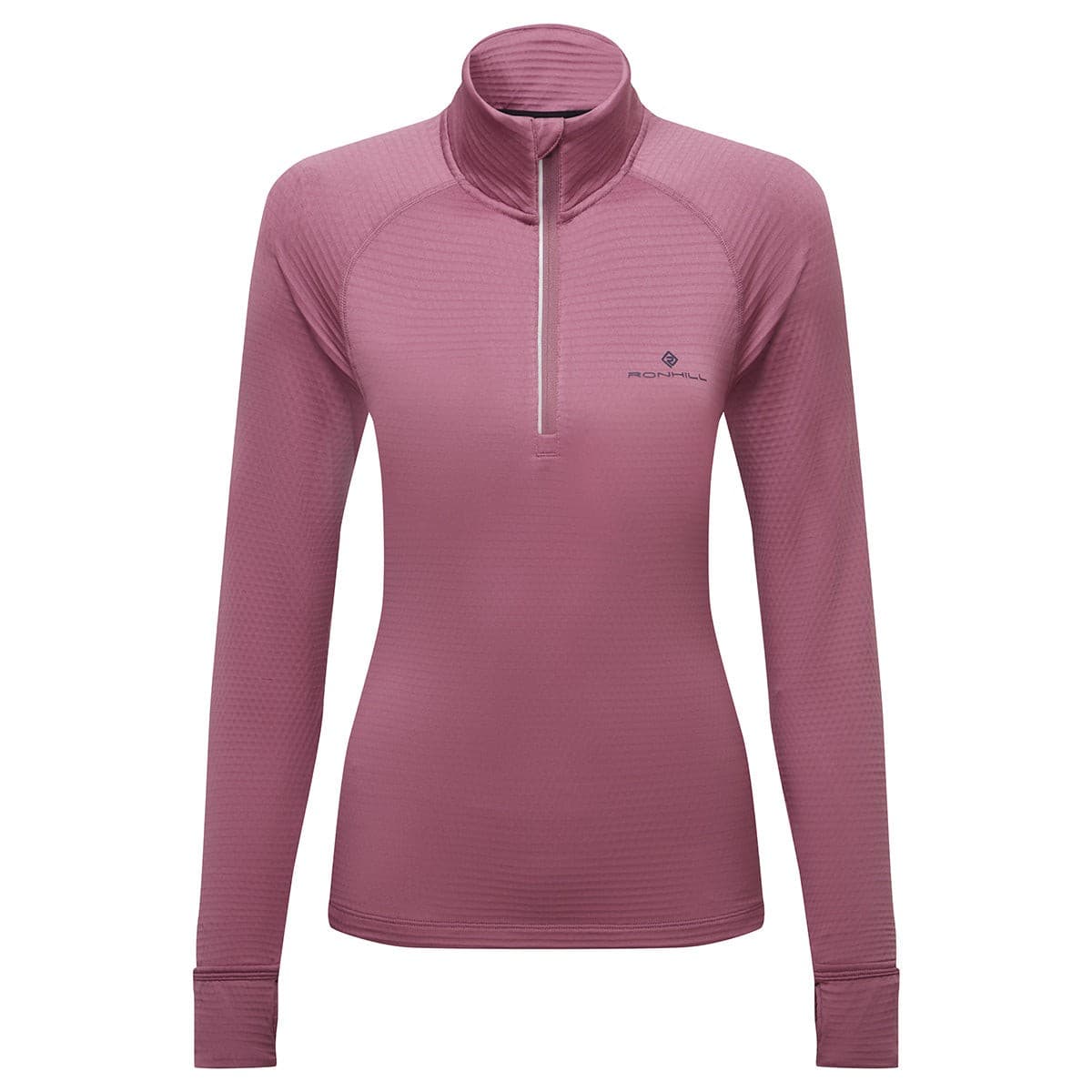 Dusty tulip and dark navy long-sleeve women's top with a half-zip collar, featuring a textured material and a slim fit, ideal for winter activities.