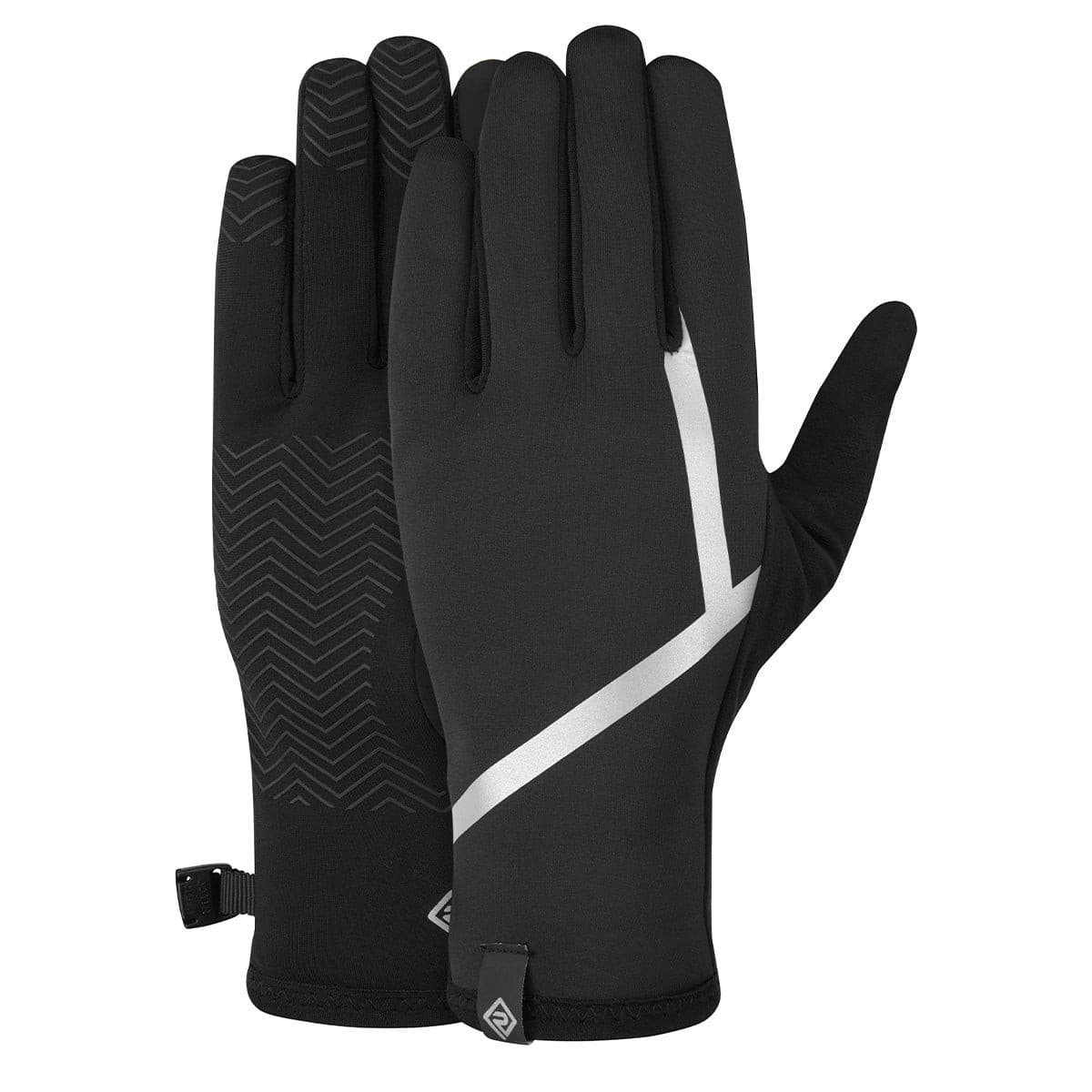 Black Ronhill Wind-Block gloves featuring a sleek design, made from wind-resistant material, with a textured grip on the palm and reflective detailing for visibility.
