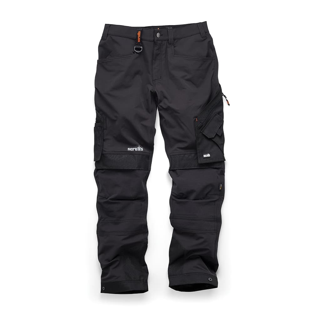 Black Scruffs Pro Flex Plus Trousers in size 38L, featuring multiple pockets, reinforced knees, and durable material for flexibility and comfort in work environments.