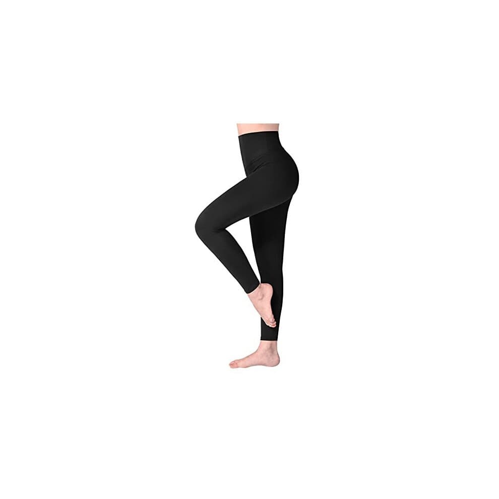 High-waisted black leggings made from buttery soft, stretchy material, featuring tummy control and an opaque design, ideal for workouts and yoga.