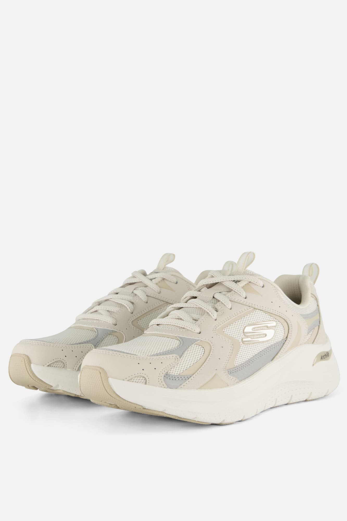 Skechers Women's Arch Fit 2.0 Vintage Luxe Trainer in natural beige with mesh and synthetic overlays, featuring a cushioned sole and logo detail on the side, size 3.
