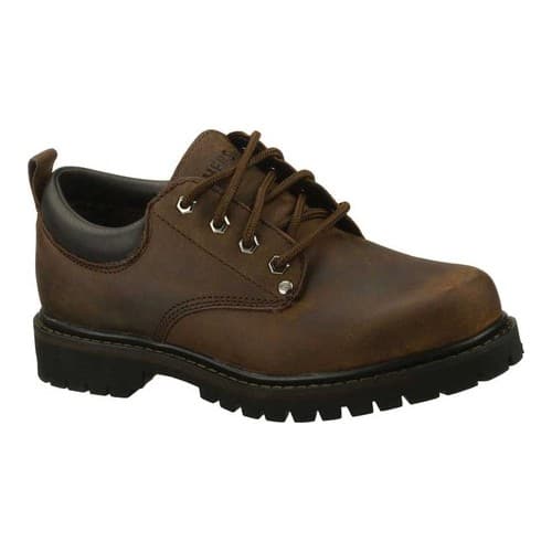 Dark brown leather Skechers 'Tom Cats' shoes with a rounded toe, lace-up front, and rugged black rubber sole, size 6.