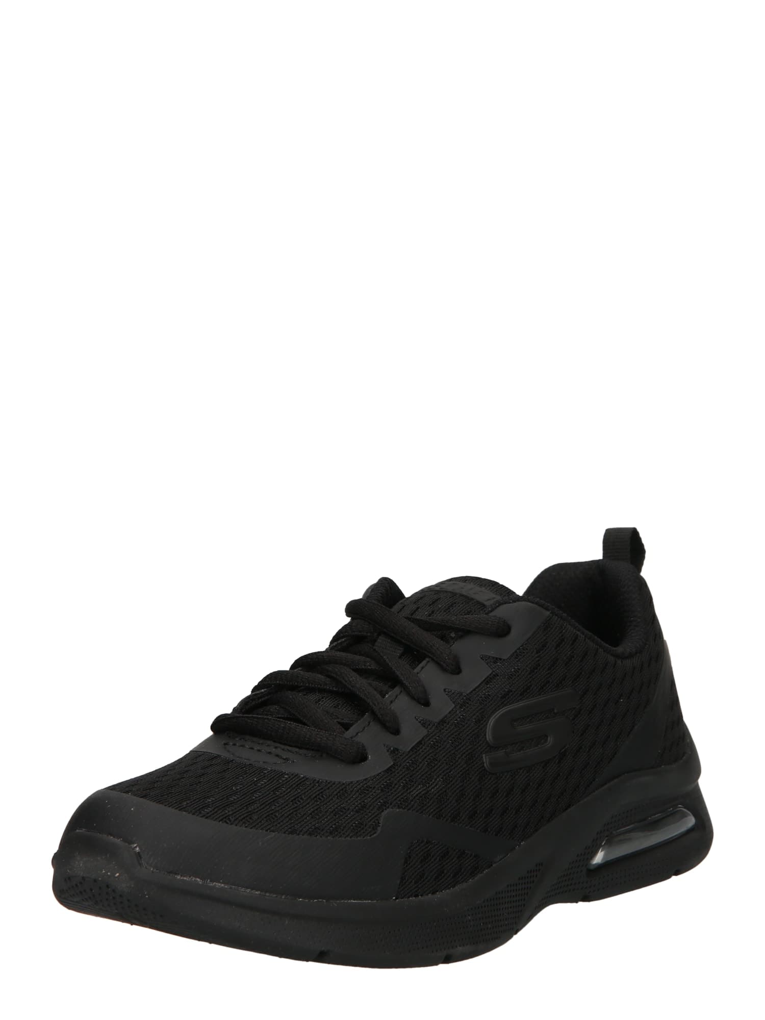Black Skechers Microspec Max Junior sneakers for children, featuring a breathable mesh upper, lace-up design, and a cushioned sole, size UK 12.5.