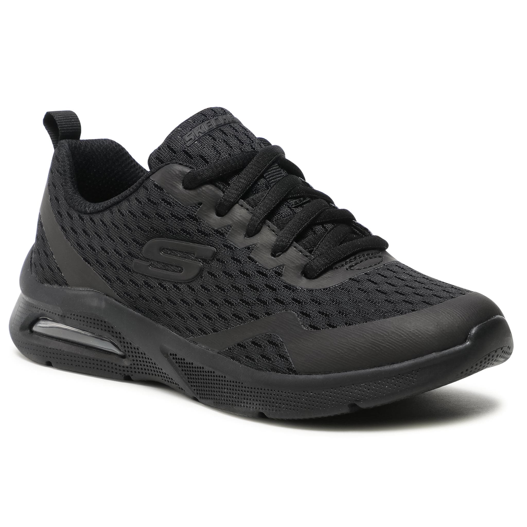 Black Skechers children's sneakers featuring a breathable mesh upper, lace-up design, and cushioned sole, size UK 13, ideal for active kids.
