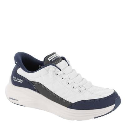 Navy and white Skechers Contour Foam women's slip-on shoes featuring a rubber sole, lace-up design, and a cozy fit for easy wear.