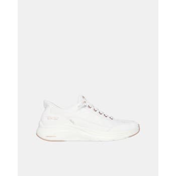 White Skechers Sport Slip-ins sneaker featuring a cozy fit, mesh and fabric upper, lace-up design, and cushioned sole with a subtle rose gold accent.