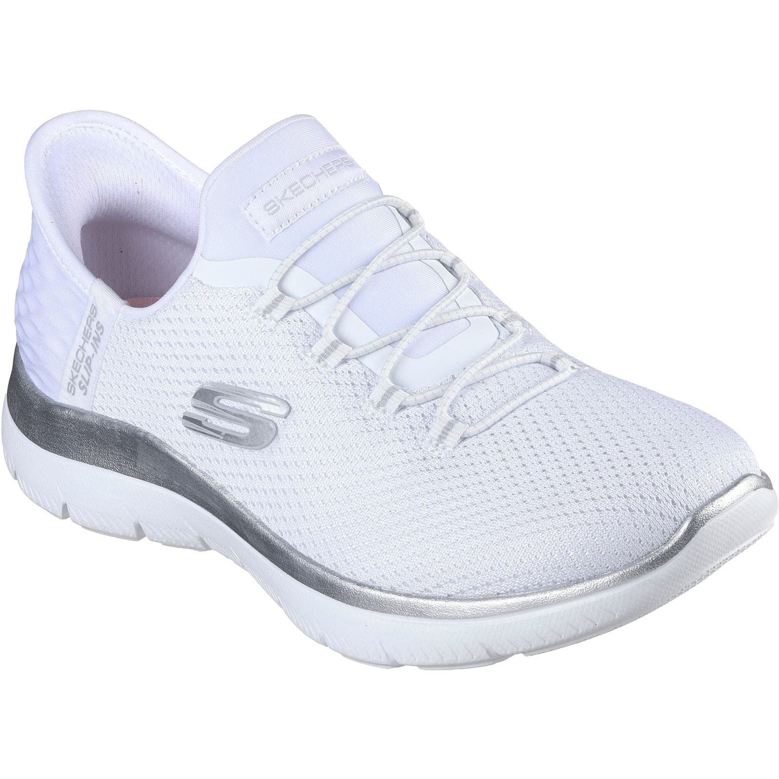 White Skechers Summits Diamond Dream Trainer features a breathable mesh upper, elastic laces, and a silver accent on the sole for a sleek, sporty look.