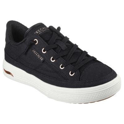 Black Skechers Women's Arch Fit Arcade Meet Ya There Sneakers with a cushioned sole, lace-up design, and subtle rose gold accents, size 6.0 M.