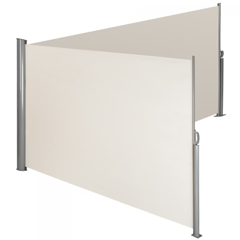 Double-sided garden privacy screen in cream, featuring retractable awnings and sturdy silver metal posts for easy installation and enhanced outdoor privacy.