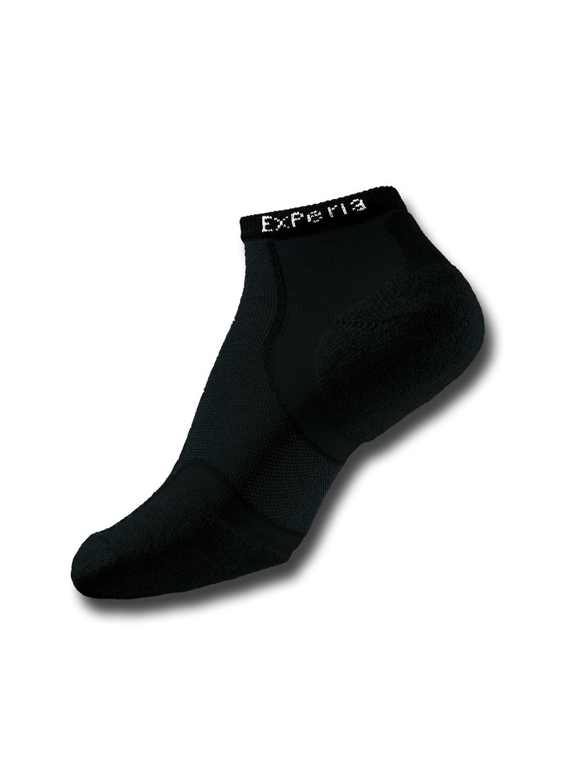 Black micro mini running socks made from Coolmax material, featuring a cushioned sole and breathable design, with "Experia" logo on the cuff.