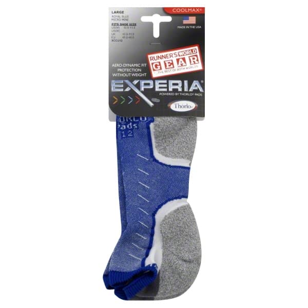 Royal blue micro mini crew socks with cushioned pads, featuring a grey heel and toe, made from Coolmax material, suitable for unisex sizes 10-11.