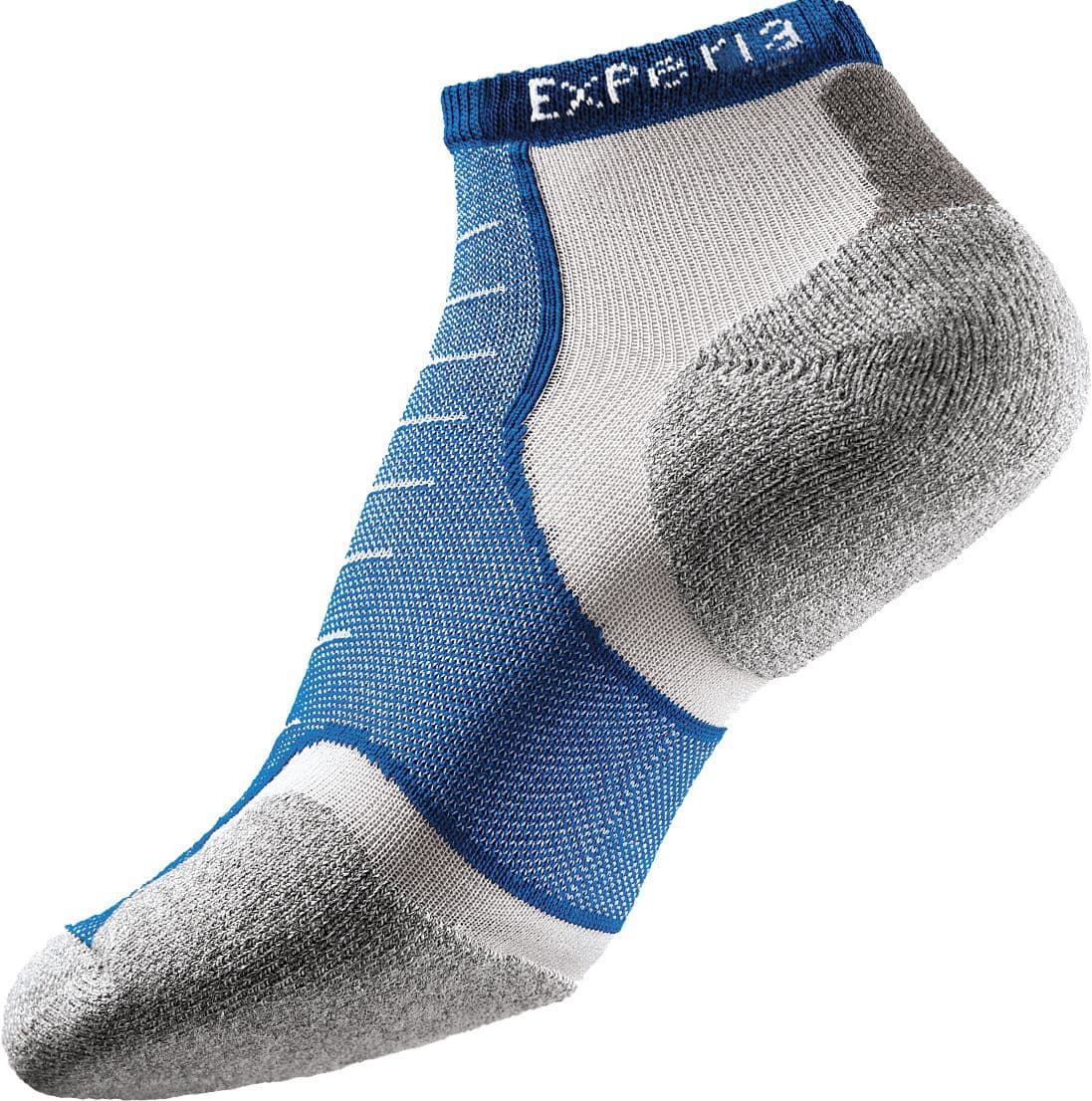 Royal blue micro mini running socks featuring Coolmax material, with a gray heel and toe, and white mesh detailing for breathability, designed for comfort during athletic activities.