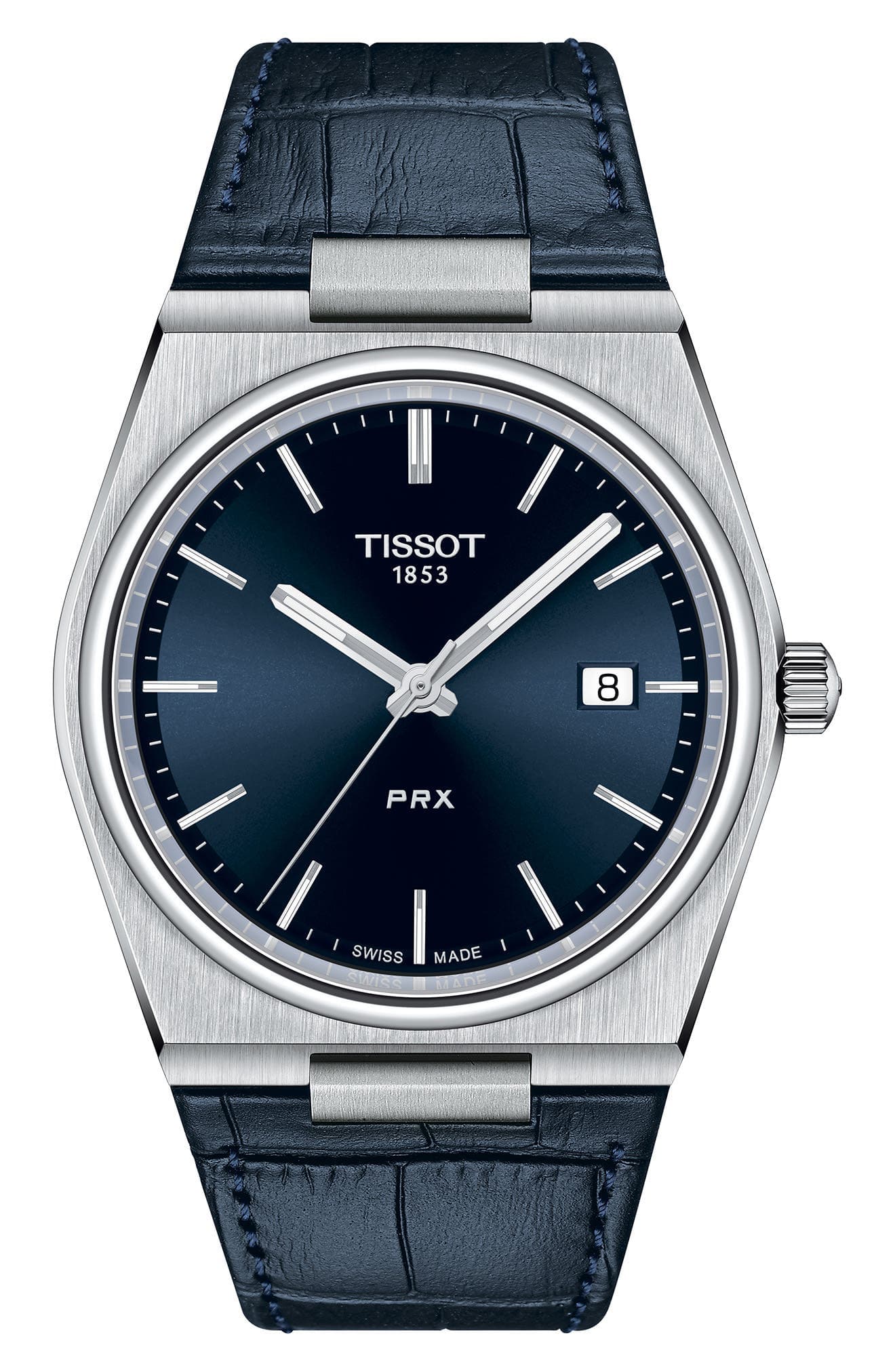 TISSOT PRX watch featuring a blue dial, stainless steel case, and a navy leather strap, with silver hour markers and a date display at 3 o'clock.