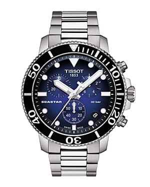 TISSOT Seastar 1000 watch featuring a gradient blue dial, stainless steel case and bracelet, 45.5mm size, black bezel, and water resistance up to 30 bar.