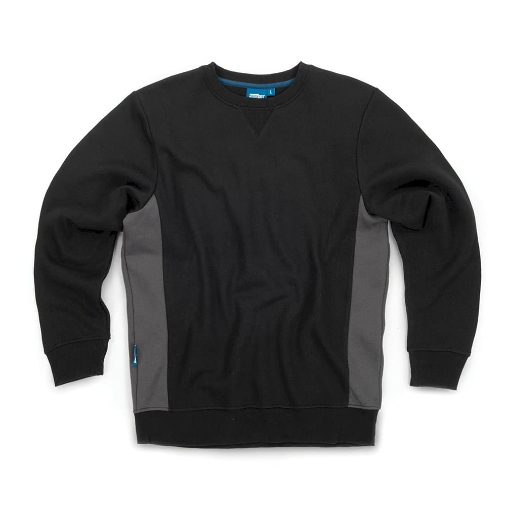 Black and charcoal two-tone sweatshirt in XL by Tough Grit, featuring a crew neck, long sleeves, and contrasting side panels for a stylish look.