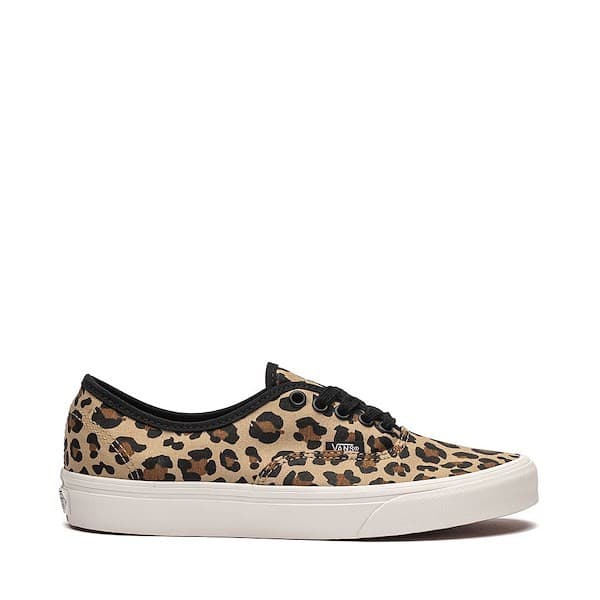 Brown Vans Authentic shoes featuring a leopard print design, black laces, and a white rubber sole, size 3 for men.