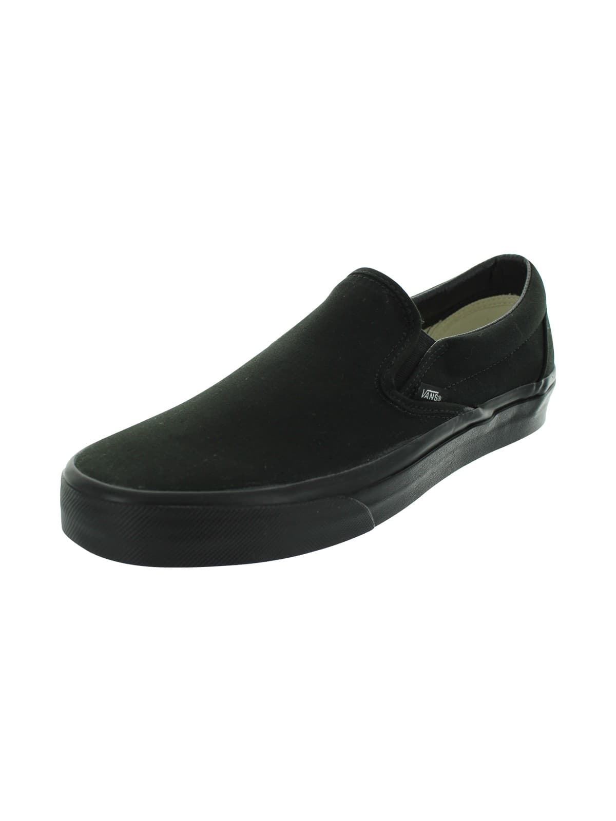 Classic black slip-on shoe by Vans, featuring a canvas upper, elastic side accents, and a rubber sole for a sleek, minimalist look.