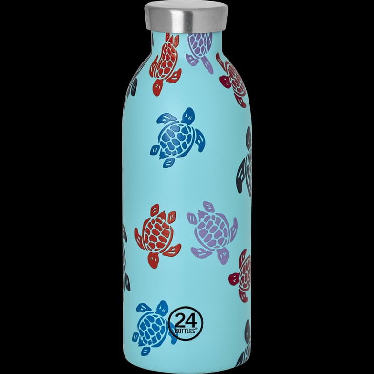 Blue isothermal bottle featuring colorful turtle designs in red, purple, and navy, with a stainless steel cap, part of the Vilebrequin X 24 Bottles collaboration.