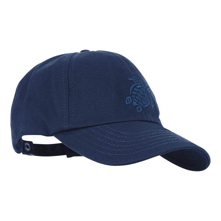 Blue cotton kids' cap with a curved brim, featuring an embroidered turtle logo on the front and an adjustable strap at the back for a secure fit.