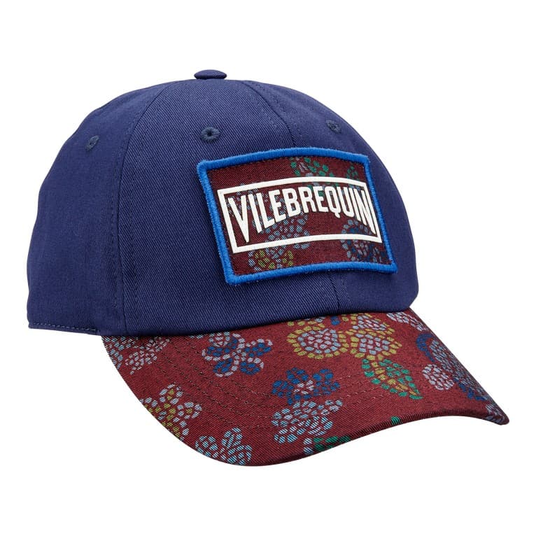 Blue cotton cap featuring a maroon printed brim with a floral mosaic design and a prominent Vilebrequin logo patch on the front. Size OSFA.