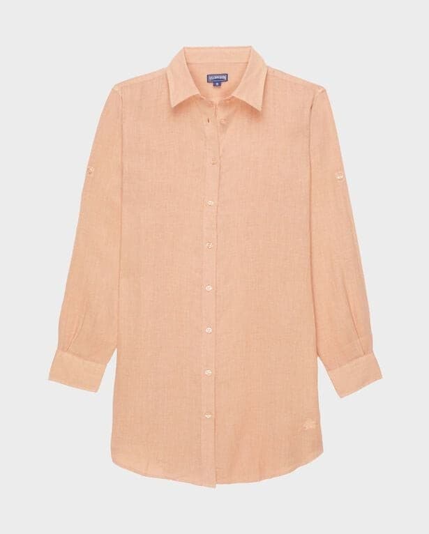 Pink linen shirt dress by Vilebrequin, featuring a classic collar, button-down front, long sleeves with roll-up tabs, and a relaxed fit in size L.