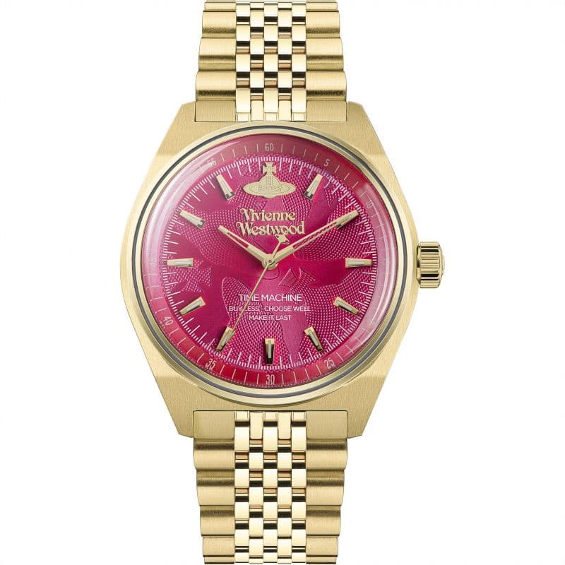 Gold-tone ladies watch featuring a vibrant pink dial, intricate hour markers, and a stylish metal bracelet, showcasing Vivienne Westwood's signature logo.
