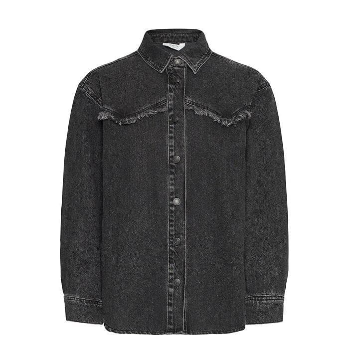 Black denim jacket by b.Young featuring a classic collar, button-up front, and frayed detailing on the chest pockets and hem for a relaxed, stylish look.