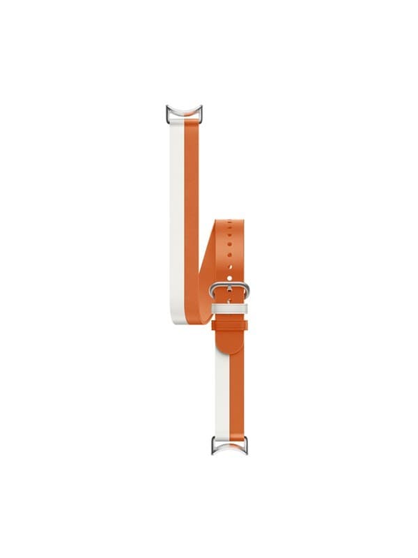 Xiaomi Dual-Tone Leather Strap features a vibrant orange and white design, crafted from premium leather, with a sleek silver buckle and multiple adjustment holes.