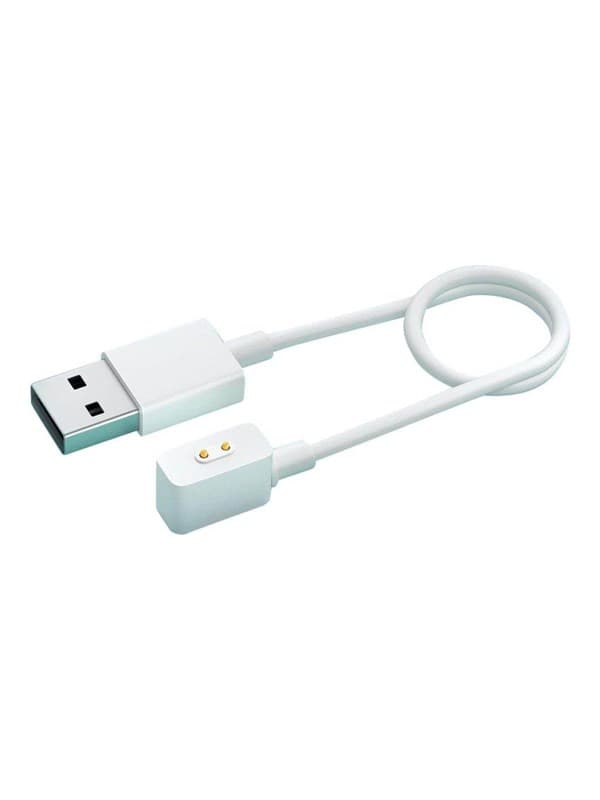 White magnetic charging cable with a USB connector on one end and a small, flat magnetic connector on the other, designed for Xiaomi wearables.