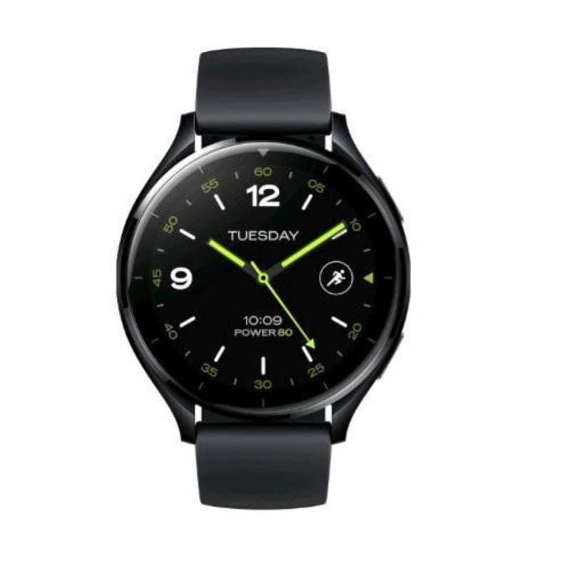 Xiaomi Watch 2 in black features a round face, green accents on the dial, a digital display showing the day and time, and a sleek black silicone strap.
