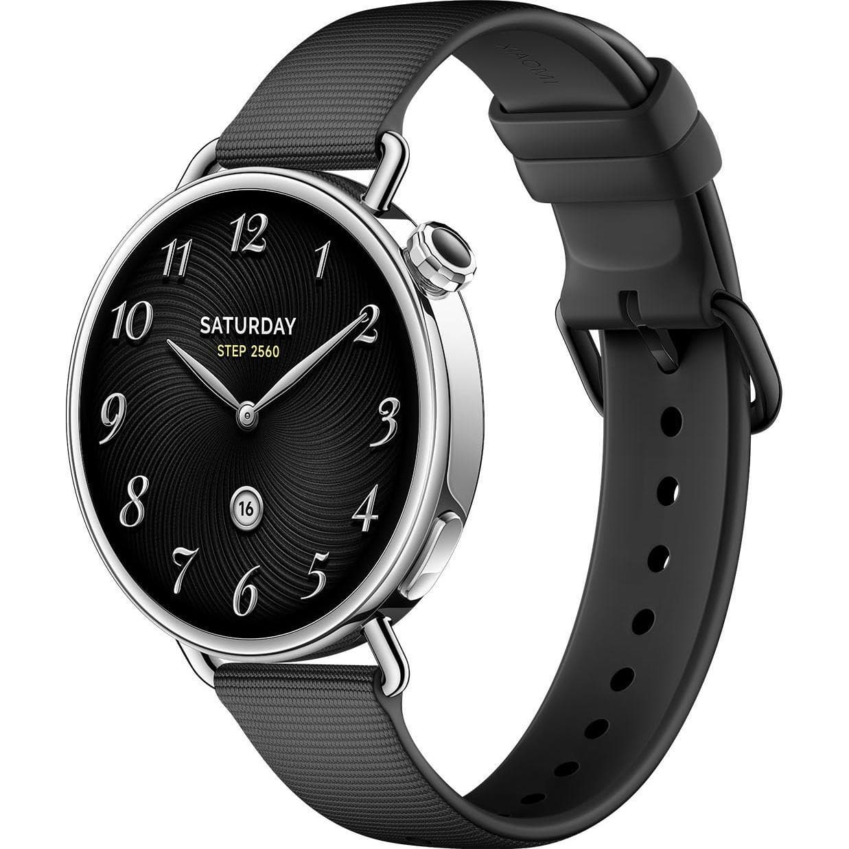 Xiaomi Watch S4 in 41mm black features a sleek round face with silver accents, a textured black dial, and a durable black silicone strap.