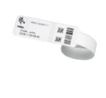 White polyester wristband measuring 1x7.9375 inches, featuring a barcode and text label, designed for infants, with a smooth, flexible texture.