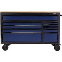Blue BUNKER 10-drawer workbench roller tool cabinet with black frame, wooden top, and four wheels.