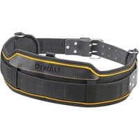 Black Dewalt tool belt with yellow trim, adjustable buckle, and multiple pockets for tool storage.