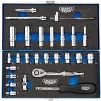 Draper 26-piece square drive metric socket set in blue case, includes ratchet, extension bars, and various sockets.