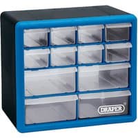 Blue and black Draper 12 Drawer Organiser with clear plastic drawers and Draper logo on the bottom right.