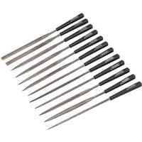 "Draper 12 Piece Needle File Set with black handles and assorted metal file shapes arranged in a row"