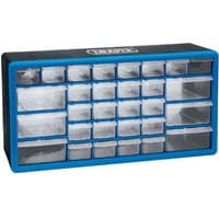 Black and blue Draper 30 Drawer Organiser with clear plastic drawers in various sizes.