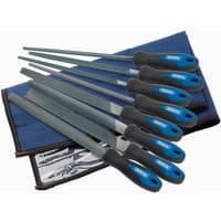 Draper 8-piece engineers file and rasp set, 200mm, with blue soft grip handles, displayed on a blue tool roll.