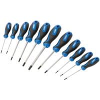 Draper 11-piece TX-STAR screwdriver set with blue and black ergonomic handles and chrome shafts.