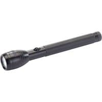 Black Draper aluminium torch with LED bulb, cylindrical body, and push-button switch.