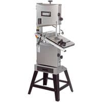 Draper BS305 bandsaw with silver body, black base, adjustable table, and two wheels, 750W power, 305mm blade size.